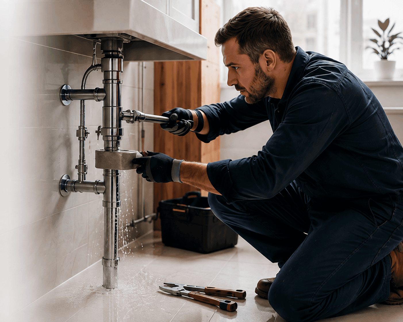 Profesionalni vodoinstalater popravlja instalaciju ispod kuhinjske sudopere.