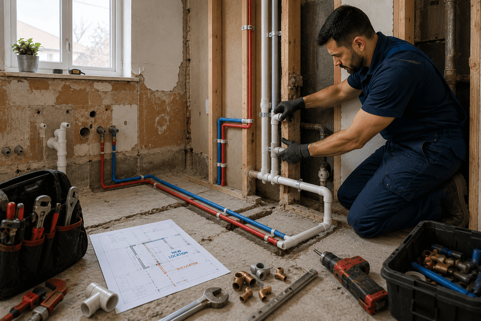 Izmeštanje trase vodovodne instalacije tokom adaptacije.